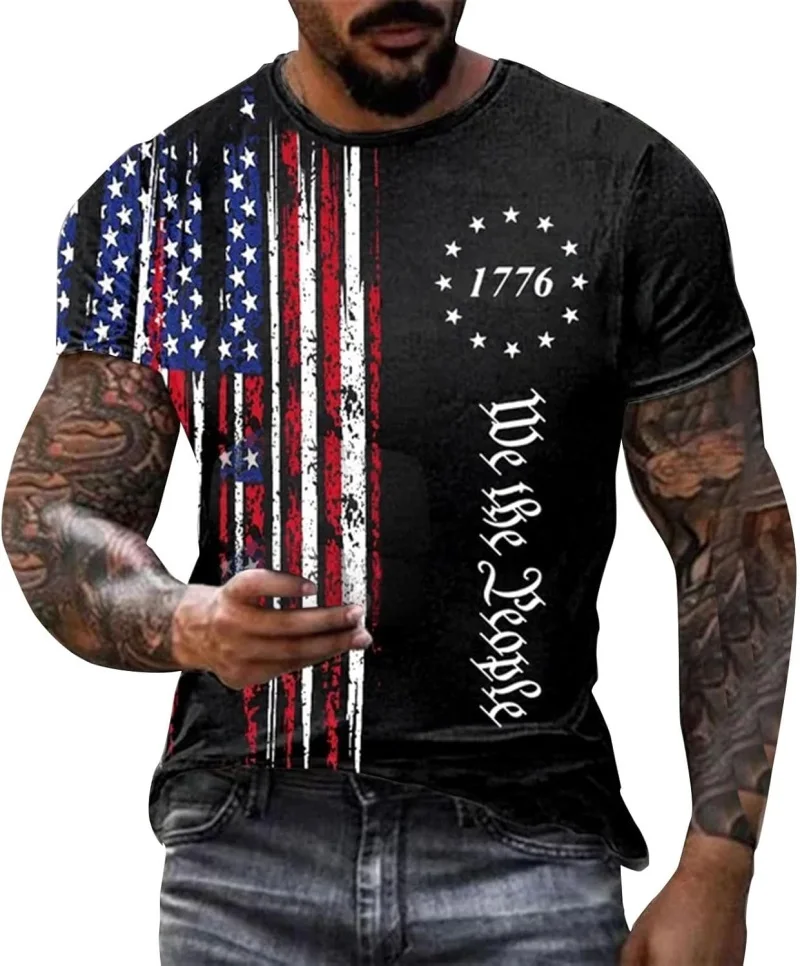 Summer Men Casual Short Sleeve T Shirts 3D Printed American Flag Graphic Round Neck Tee Shirt Tops Streetwear Mens Tshirts