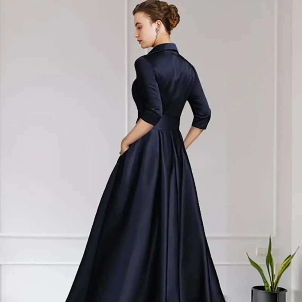 Formal Dress Women Charming Dark Navy Mother of The Bride Dresses Elegant V-Neck A-line Bow Belt Wedding Party Robes Sleeves