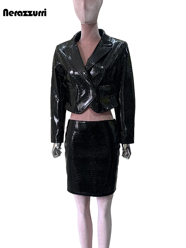 Nerazzurri Primavera Autunno Breve Lucido Riflettente Nero Coccodrillo Stampa Pu Giacca in Pelle da Donna Elegante Chic Vestiti 2025