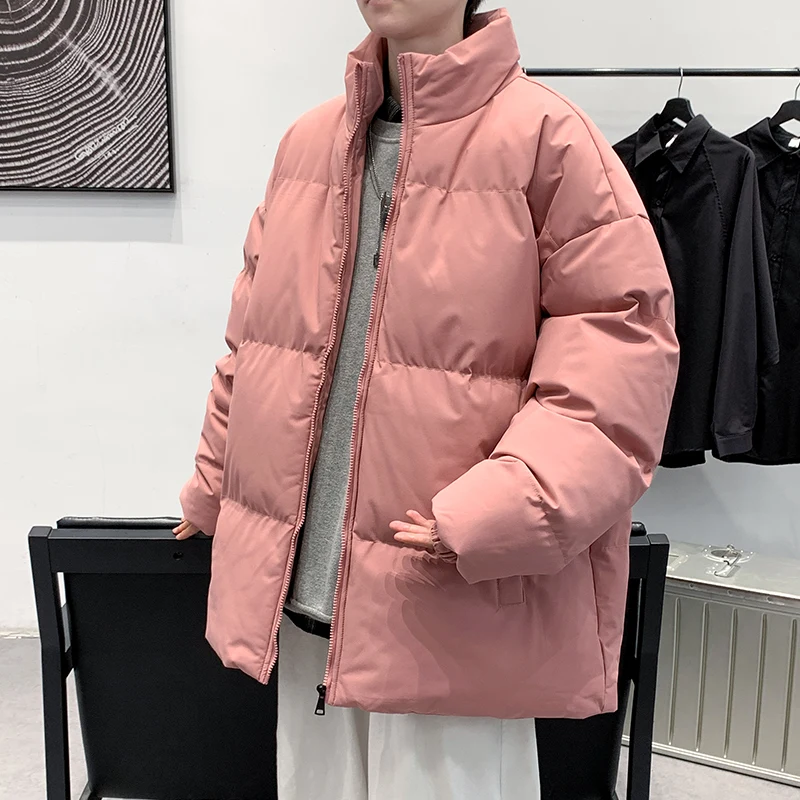 Jaqueta de parka monocromática com gola alta masculina, manga comprida, bolsos com zíper, casacos grossos soltos, moda casual, nova, outono, inverno, 2023