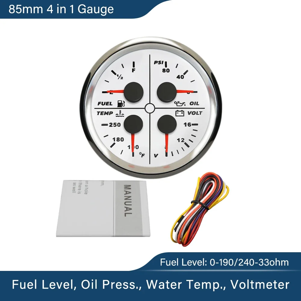 

ELING Waterproof Auto Marine 85mm 4 in 1 Gauge Oil Pressure Water Temp Fuel Level Voltmeter for Motorcycle 8-16V