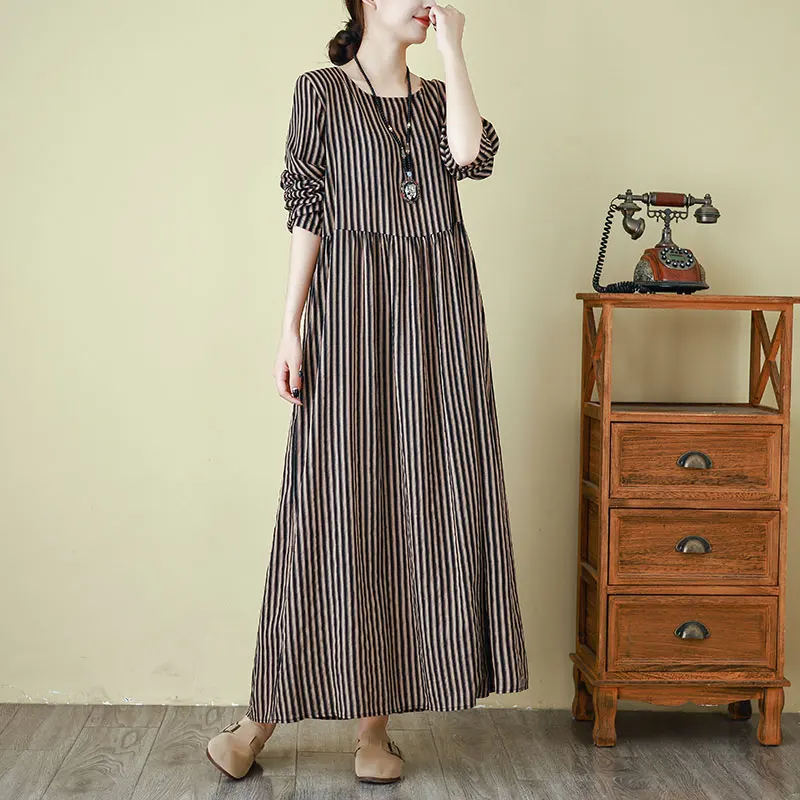 Spring Autumn Cotton Linen Print round Neck Travel Dress Slimming Long Skirt Casual mid Waist a Line Gown Summer Fashion