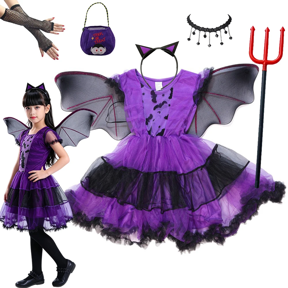Girls Purple Bat Dress Kids Fancy Cosplay Vampire Demon Costume with Wing Headwear Halloween Carnivat Witch Role Play Clothes