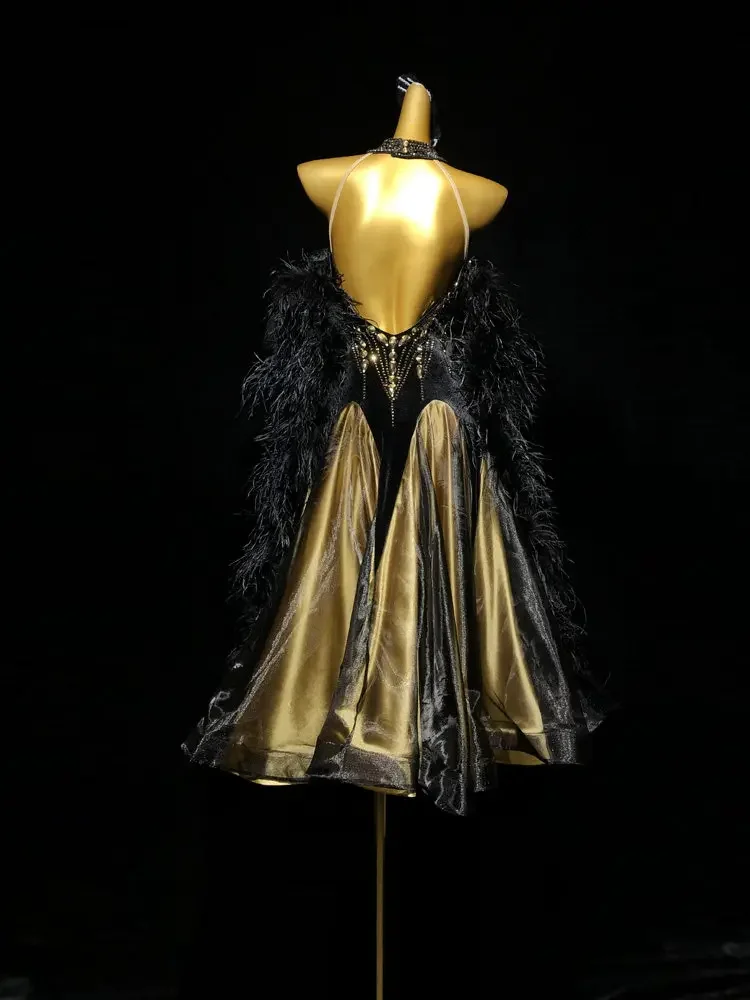 Ladies Ballroom Dance Dress Black Gold Tango Waltz Swing Competition Costume Customized Size And Color For Adult Young Girls
