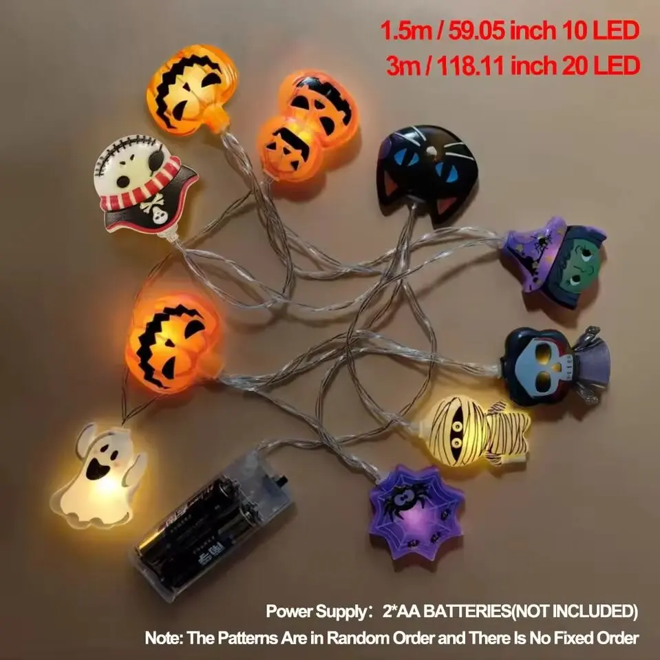 1 Buah Lampu Tali LED 8 Elemen Halloween Pencahayaan Suasana Horor Bertenaga Baterai dengan Kerangka Laba-laba Labu Kucing Penyihir Hantu