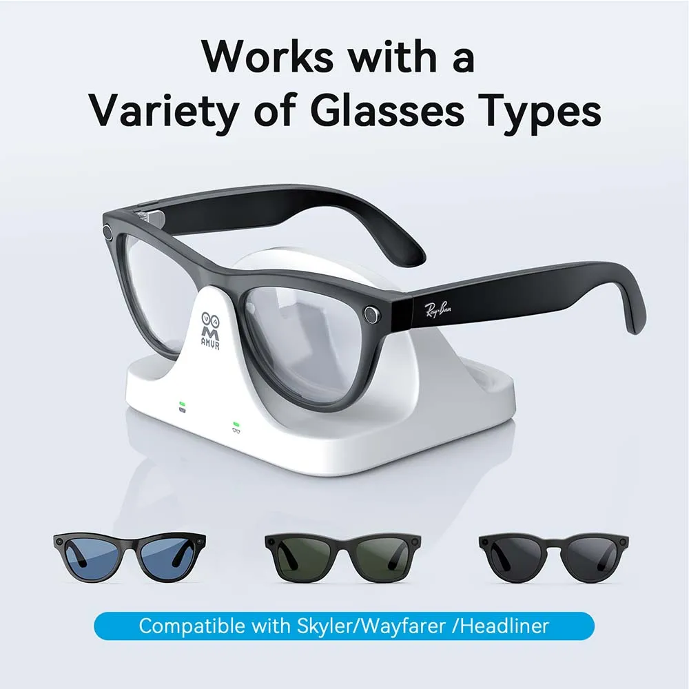 حامل شحن AMVR لـ Ray Ban Meta Wayfarer/Skyler/Headliner AR حافظة زجاجية حامل شحن سريع دعامة مغناطيسية زجاجية ذكية