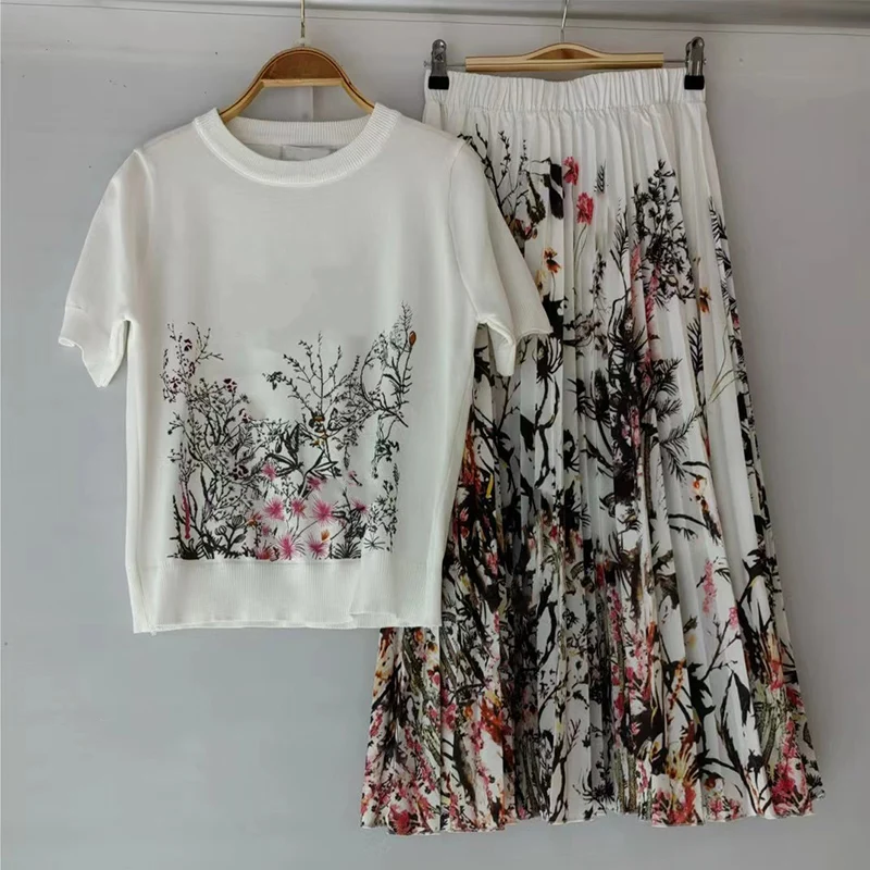 Vintage print knit sweater short sleeve T two-piece set 2024 summer women's new + elastic waist loose pleated skirt fashion set