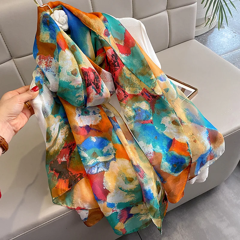 2023 Design Silk Feeling Big Size Scarf Van Gogh Oil Painting Luxury Floral Shawl Wraps Hijab Beach Neckerchief Stole Bandana