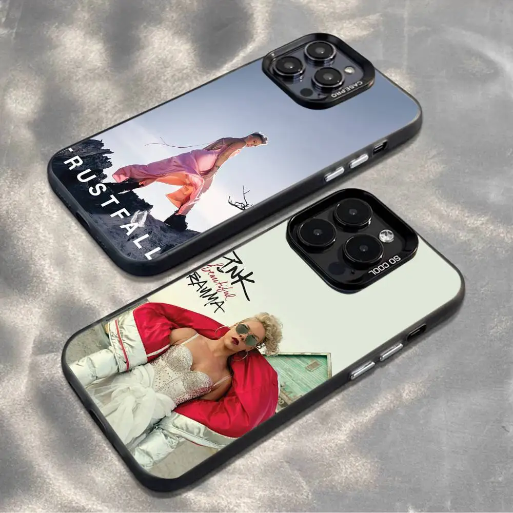 P-P!nk Capa de telefone rosa Alecia Beth para iPhone 16,15,14,13,12,11, Mini, Pro, MAX, plus, capa preta fosca à prova de choque