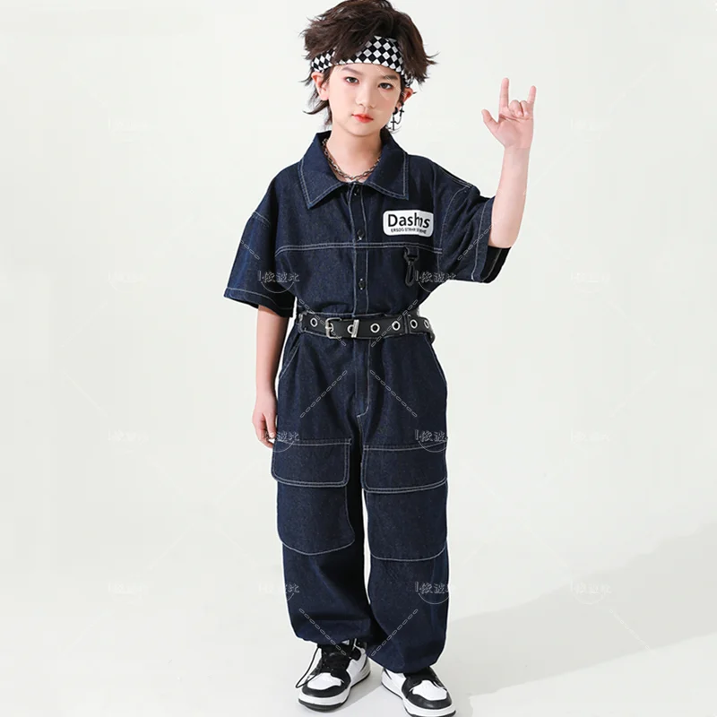 Kids Street Dance Denim Overalls Rompers Boys Hip Hop Short Sleeve Jumpsuit Girls Cargo Pants Workwear Clothes Child Streetwear