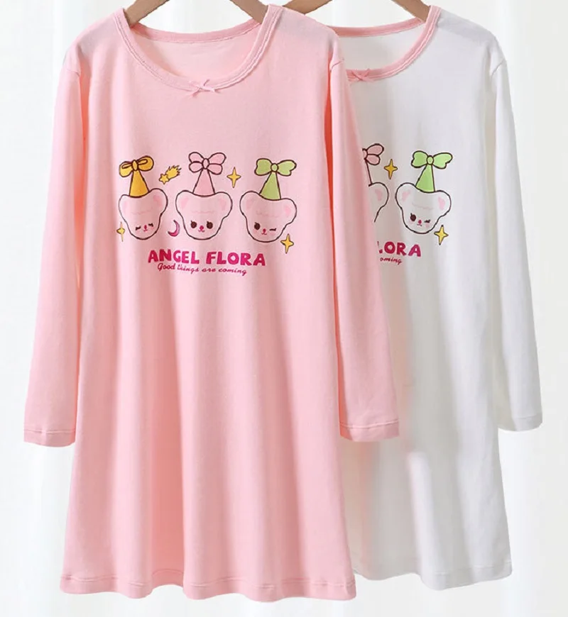 

3-18 Years Nightwear Home Wear Four Seasons Sleepwear 100% Cotton Cartoon Letter Long Sleeve Pink Girls Nightgown Nightdress