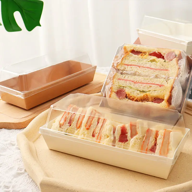 Caja de embalaje de sándwich de productos personalizados, bandeja de papel para perritos calientes, caja de sándwich de Drog Kraft con tapa transparente