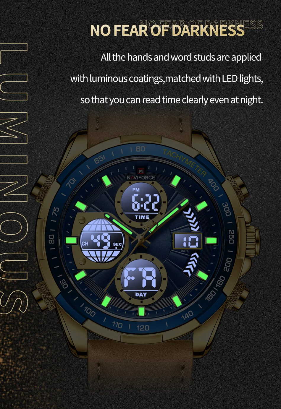 NAVIFORCE New Fashion Men Watches Luminous LCD Display Male Clock Waterproof Quartz Genuine Leather Wristwatch Relogio Masculino