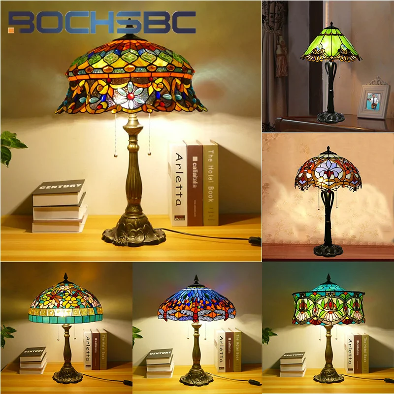 

BOCHSBC Tiffany style stained glass European retro table lamp for living room bedroom bedside lamp restaurant LED deco desk lamp