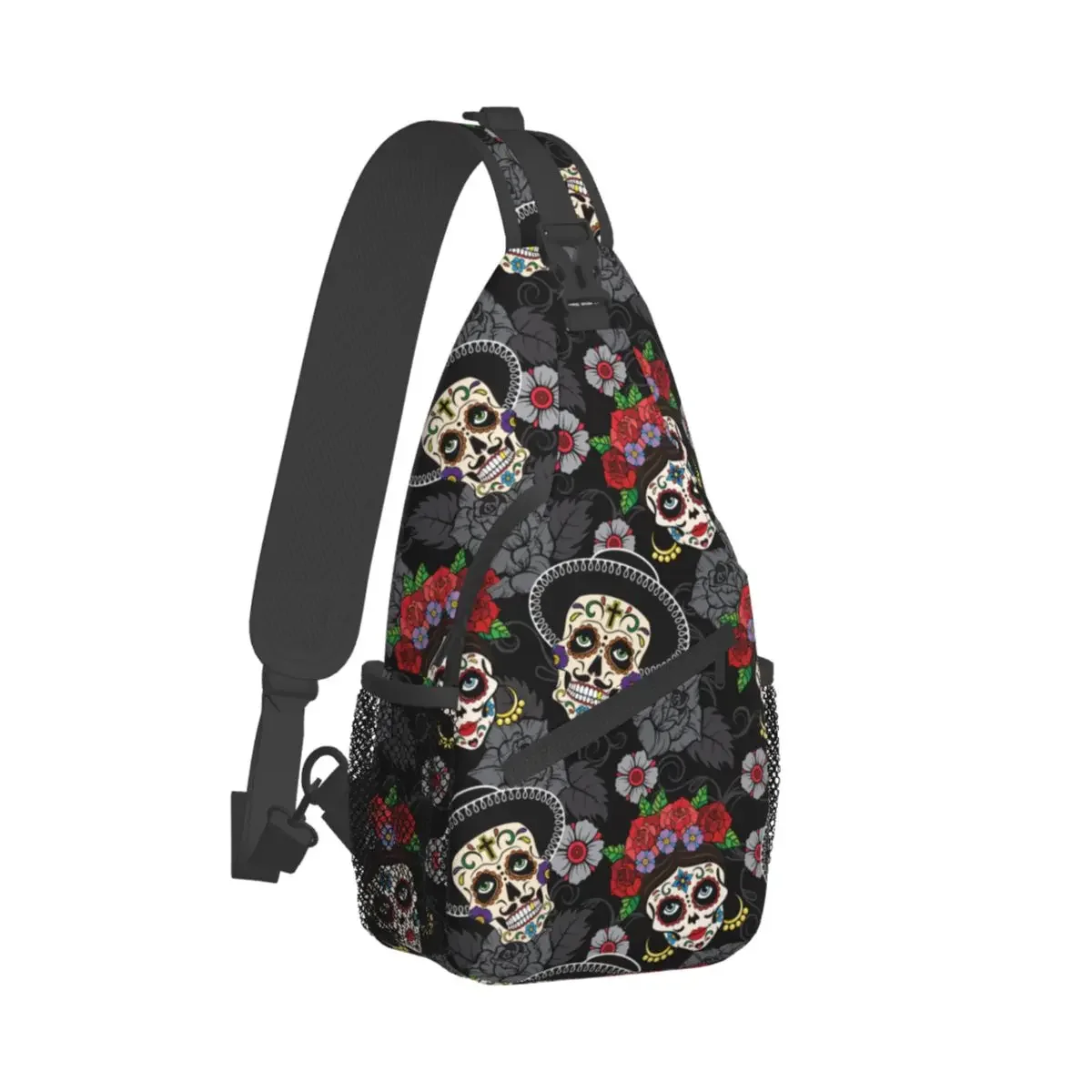 Day Of The Dead Halloween Crossbody Sling Bags Small Chest Bag Sugar Skull Rose Shoulder Backpack Daypack Hiking Cycling Satchel