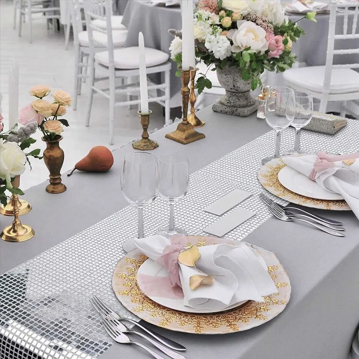 Carefree- 3X Disco Party Table Runner Mirror Silver Foil Table Runner Glitter Metallic Table Cover for Disco Dance Party Wedding