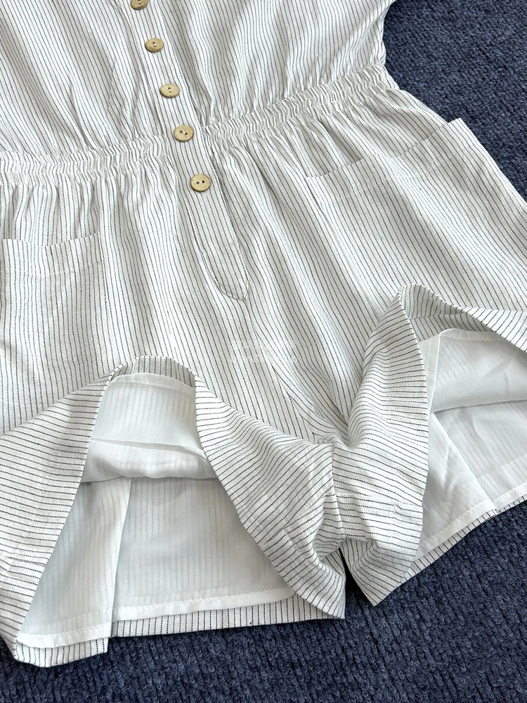 SadiSag 70 جمبسوت قطني مخطط بأزرار وخصر ort Sve Rer عالي الخصر غير رسمي للنساء