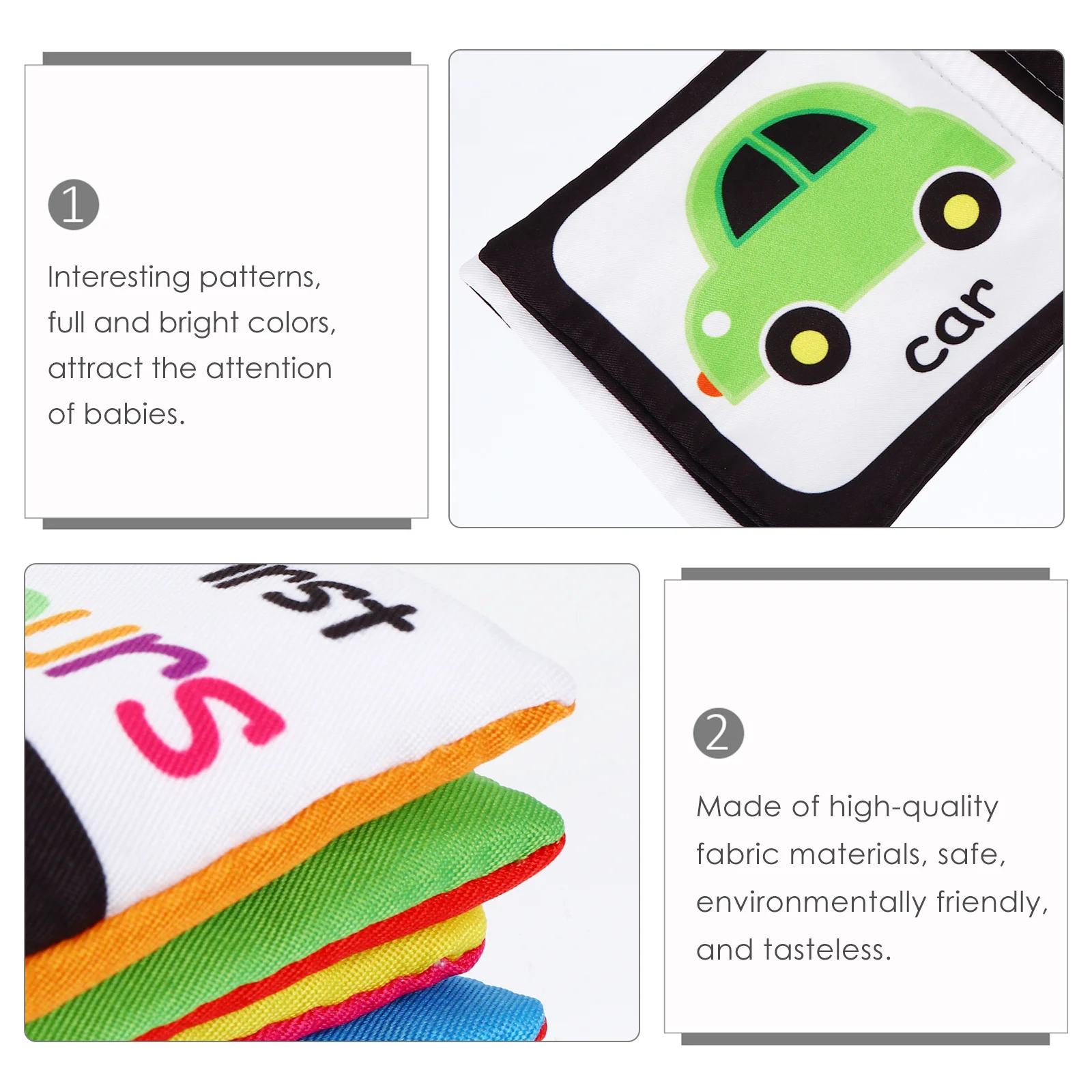 4 szt. Książeczki materiałowe dla niemowląt, nadające się do prania, bezpieczne, kolorowe, sensoryczne, dźwiękowe, wczesnoedukacyjne, pomoce dydaktyczne dla niemowląt