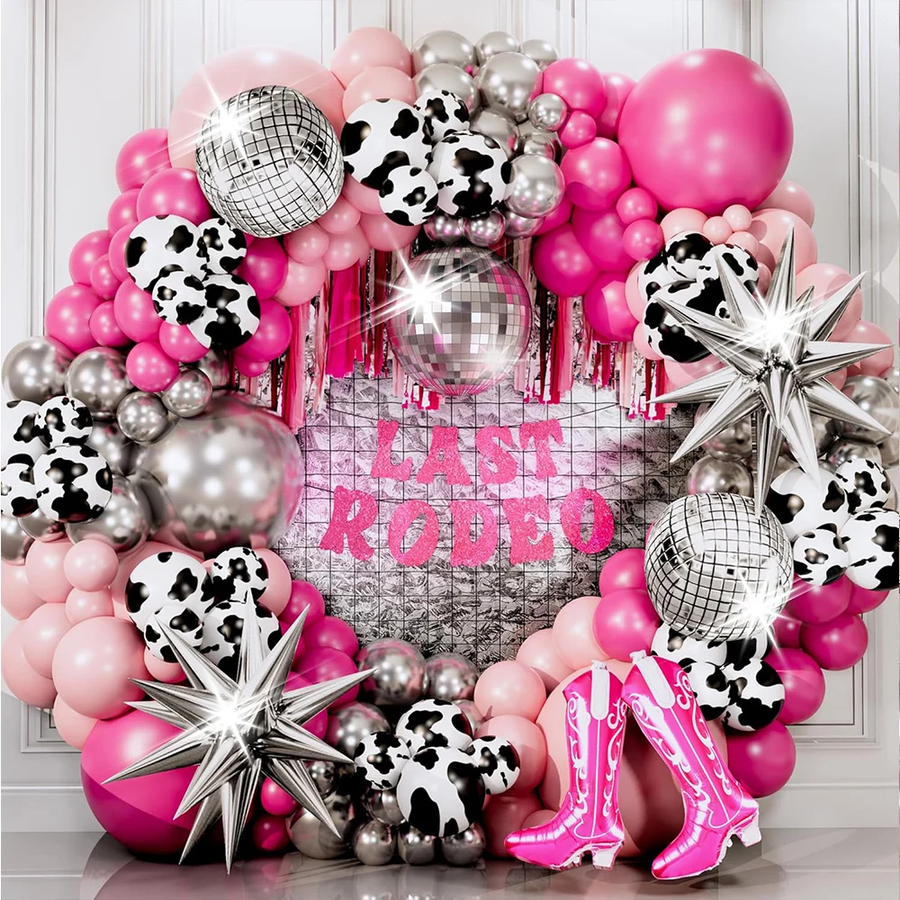 Cowgirl-Ballonbogen-Set mit leuchtend pinken und silbernen Cow-Boot-Ballons für Disco-Geburtstage, Last-Rodeo-Partys und Junggesellinnenabschiede – Detail 1