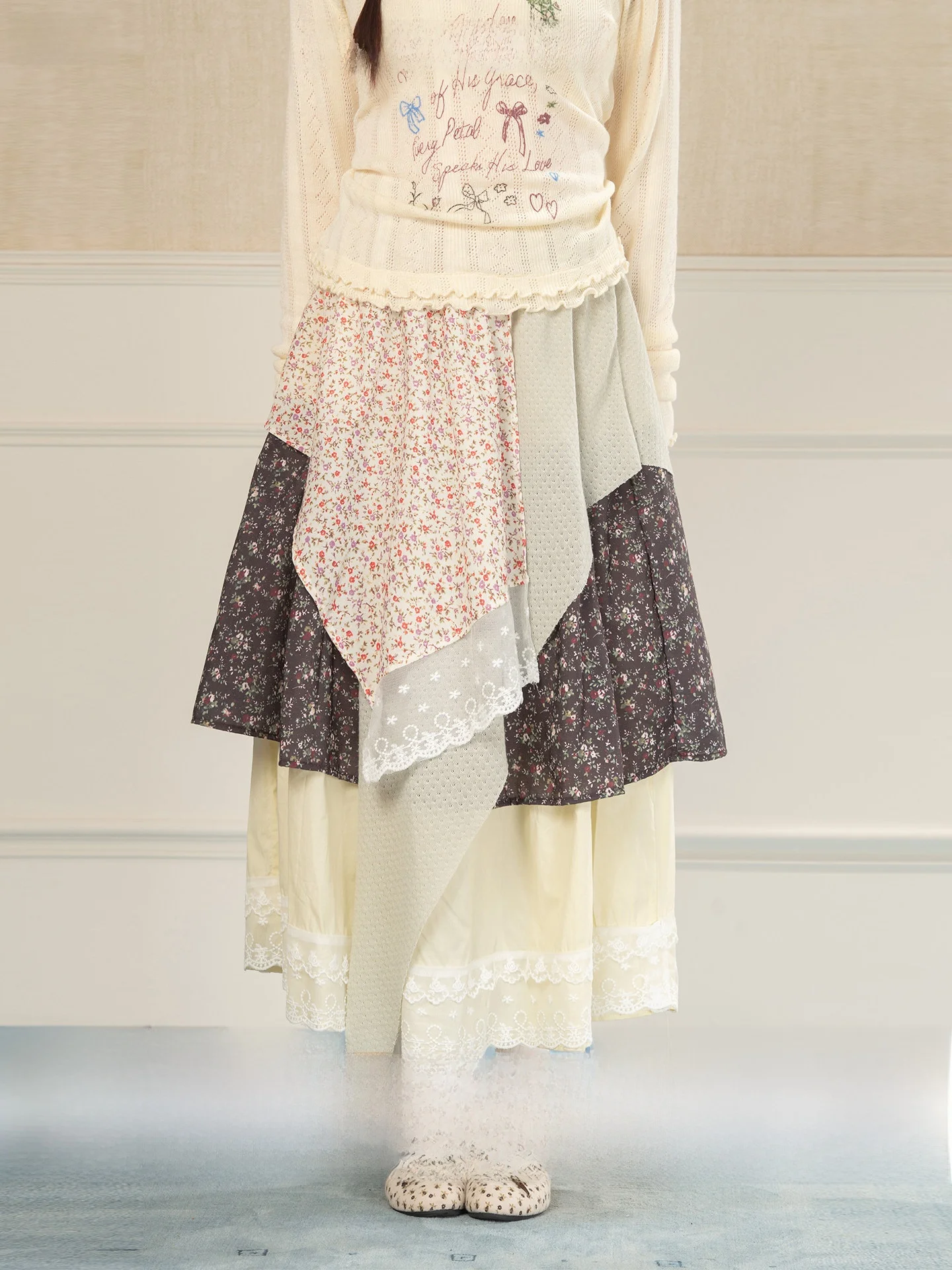 

Heynew plus Size Floral Print Asymmetrical Splicing Skirt Conceal Meat Slimming Long Summer Half-length Women's Ethnic Style