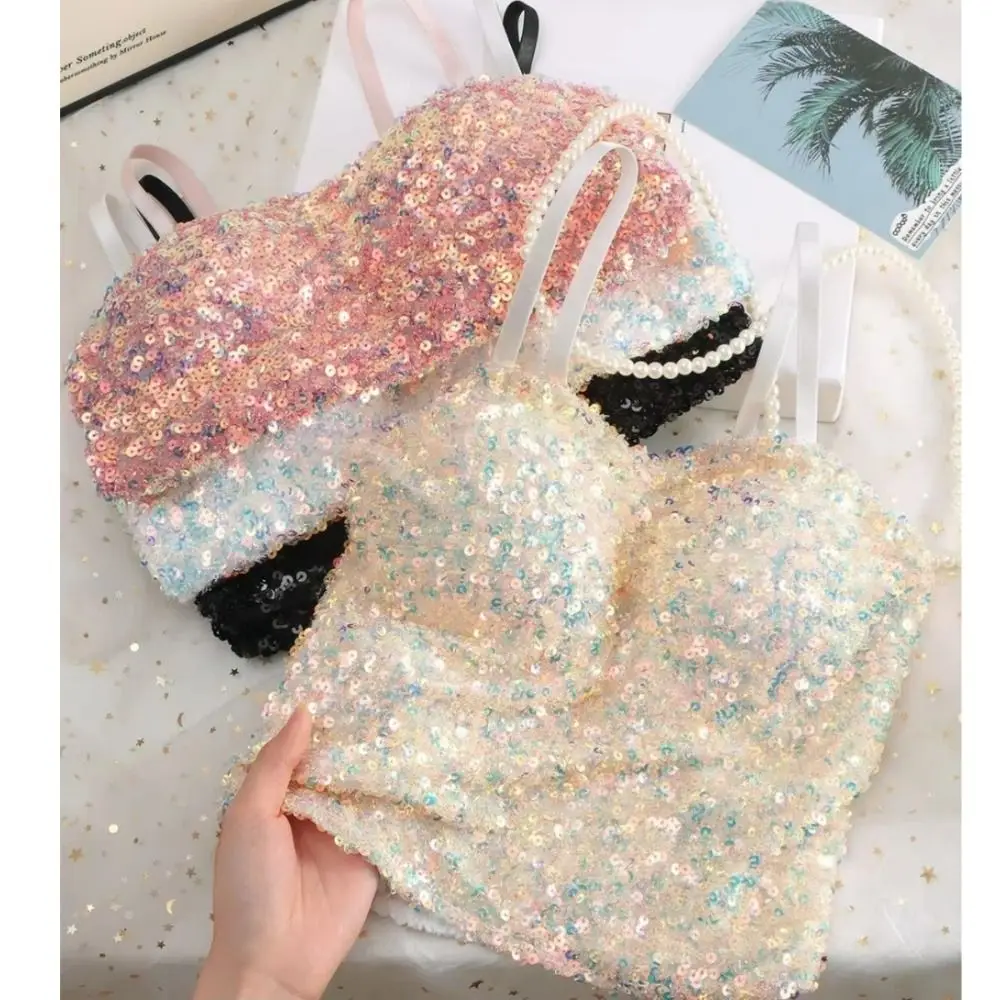 Shiny Sequin Sequin One-Piece Tank Top Fixed Wrap Chest Short Backless Vest High Elasticity Underwear Base Layer Vest Top
