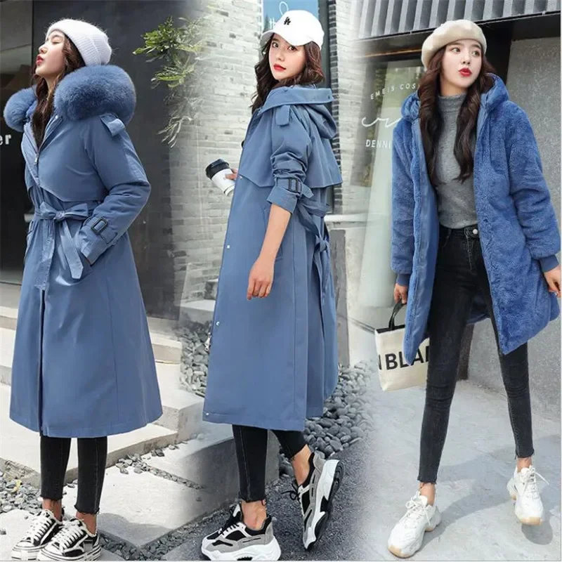 Women's Winter Jacket Hooded X-Long Thick Warm Cotton Padded Parkas Woman Wool Liner Distachable Plus Size Jackets Coat 1987