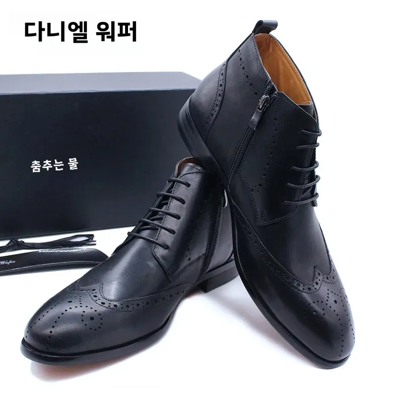 Handmade Men\'s Ankle Boots Casual Leather Western Cowboy Shoes Black/Brown Wingtip Lace-Up Wedding Office Dress Footwear