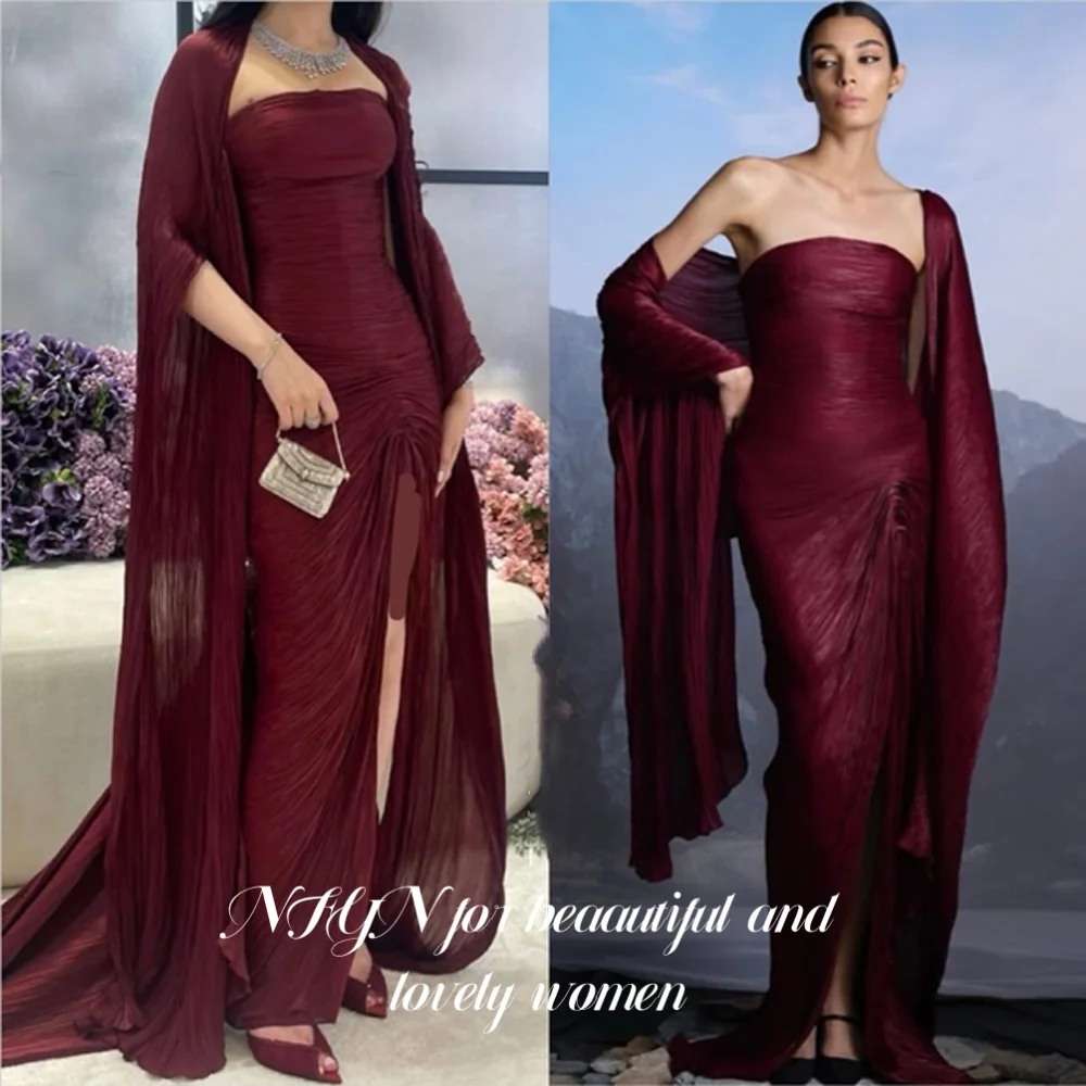 

NFYN Burgundy Elegant Formal Gown Sleeve with Cape Night Dress Mermaid Evening Dresses with Side Split robe soirée Customized