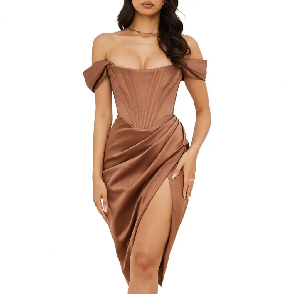 

Formal Dress Draped Satin Summer Off Shoulder Slit Corset Dress for Cocktail Party