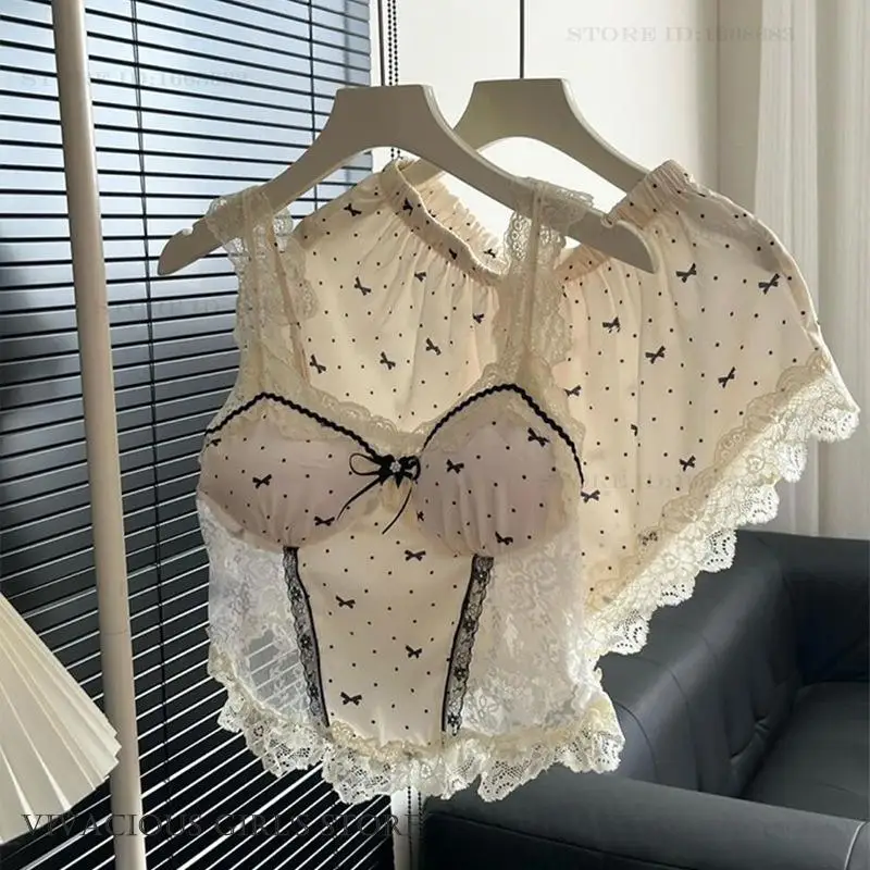 Sweet Lace Chemise Pajamas Intimate Lingerie Set Mujer Young Girl Print Dot Perspective Underwear Pijamas Suit Rayon Homewear - Image 4