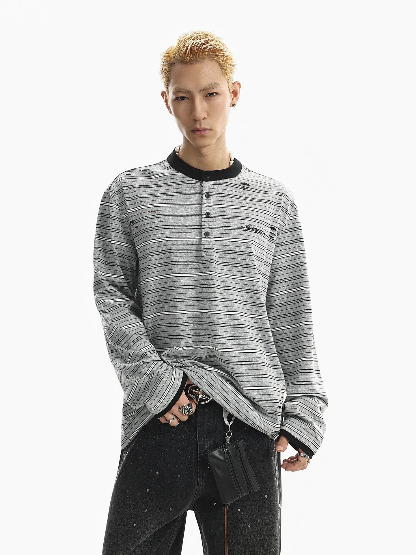 BETEBULE American Retro Color Block Stripe Hole Long Sleeve Men's T-shirt Spring Lazy Loose Top Youth Popular Casual Wear