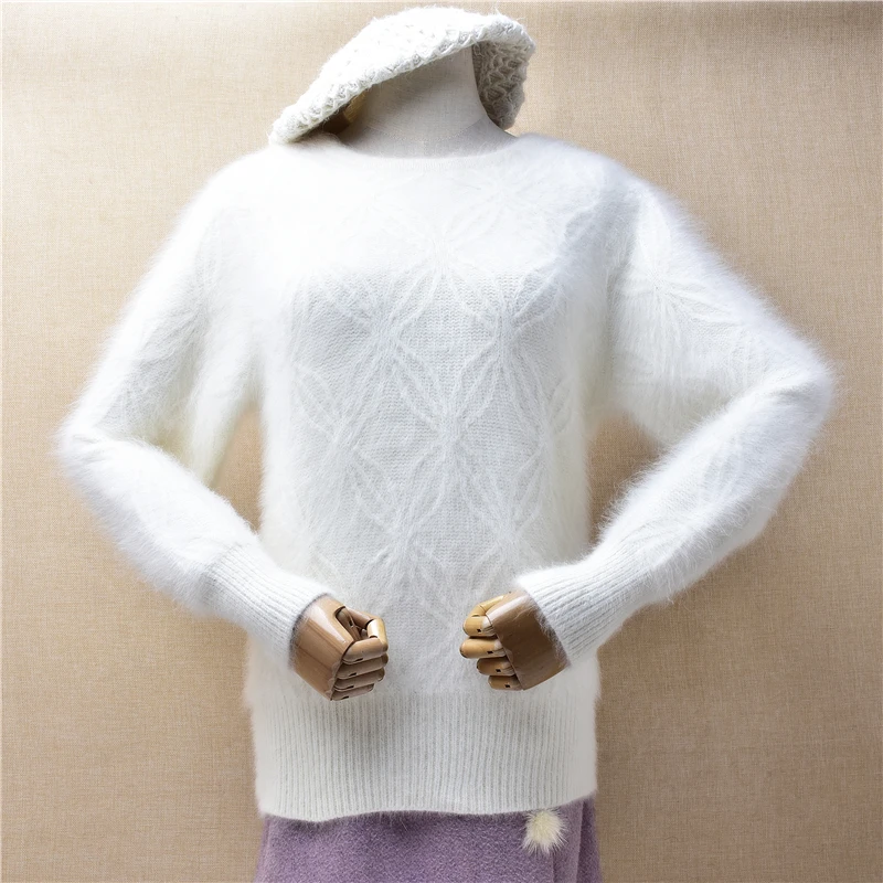 Ladies Women Fall Winter Clothing White Soft Hairy Angora Rabbit Hair Knitted O-Neck Long Batwing Sleeves Loose Pullover Sweater