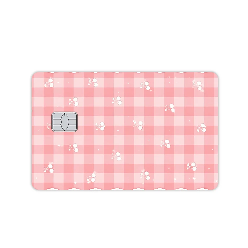 Cute Gingham Strawberry Cherry Credit Card Skin Stickers Sweet Pastel Plaid Fruit Pattern Bank Debit Visa Card Film Cover Decal