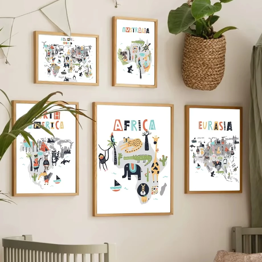 الحيوان خريطة العالم اكسبلورر جدار الفن قماش غرفة الاطفال الشمال المشارك طباعة ديكور غرفة نوم الطفل جدار صور موضوع تعليمي