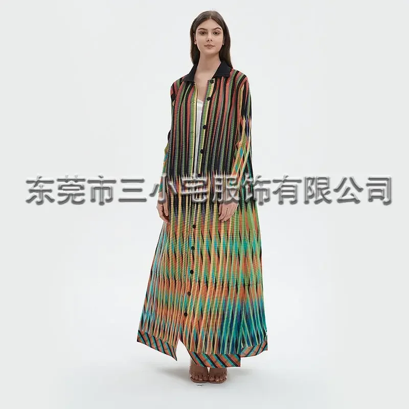 

Pleats Dresses 2024 Spring and Summer New Single-breasted Pleated Elegant Striped Printed Dress Women Cardigan Jacket Clothing