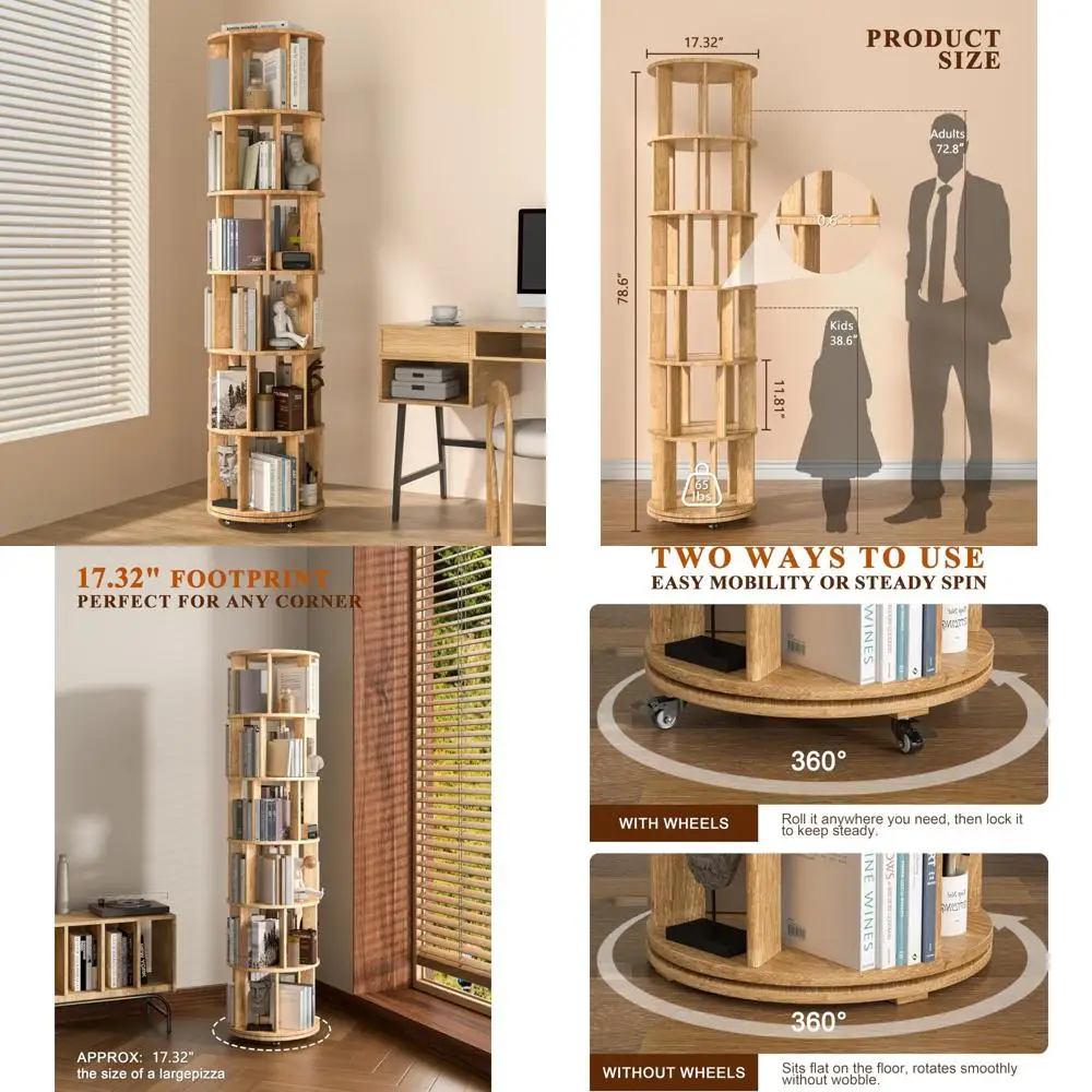 

6-Tier Swivel Wheel Rotating Bookshelf Storage Tower for Kids and Adults - Narrow Width