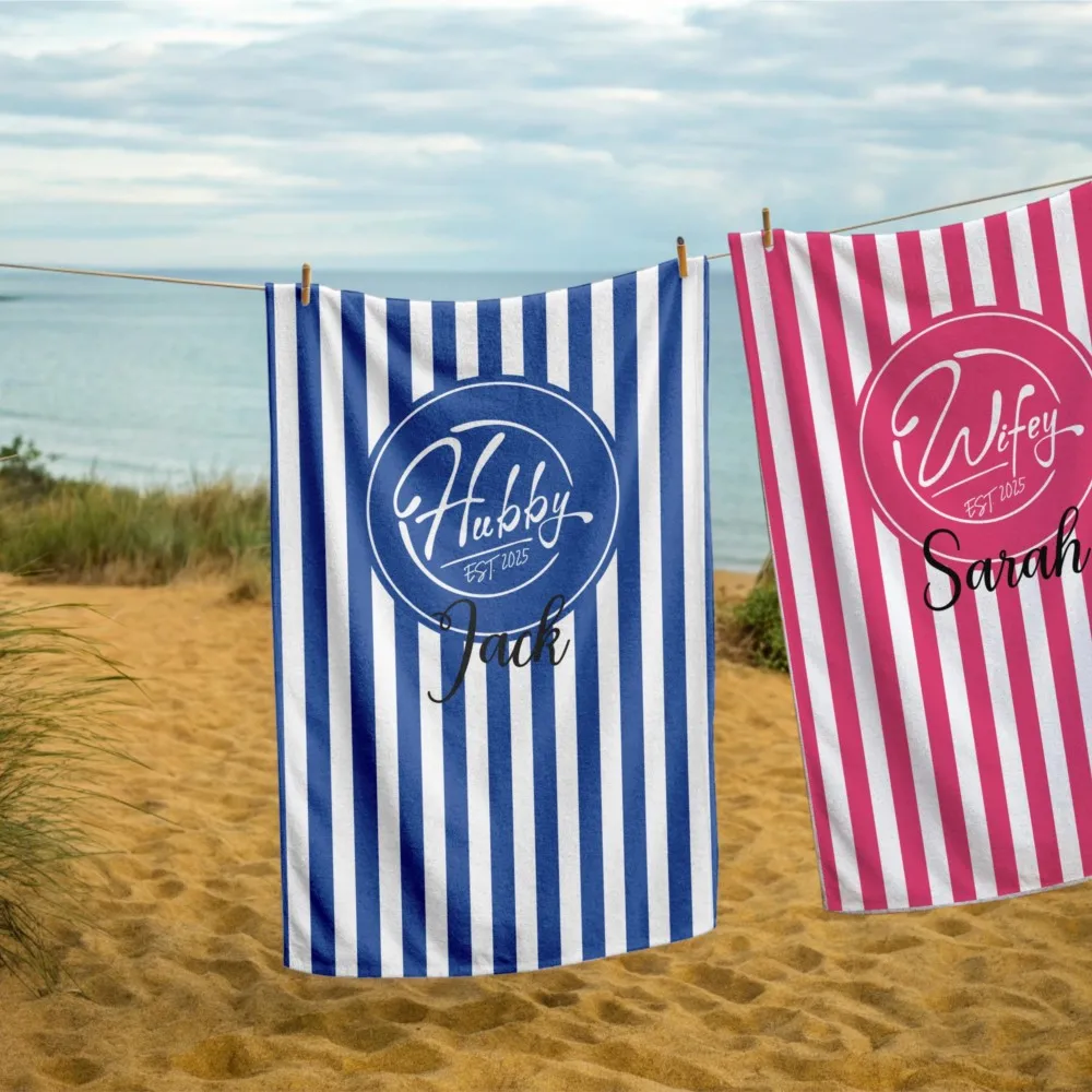 Wifey and Hubby Personalized Beach Towels Name Customized Towel Wedding Gift for Newlyweds Seaside Beach Party Oversized Towel