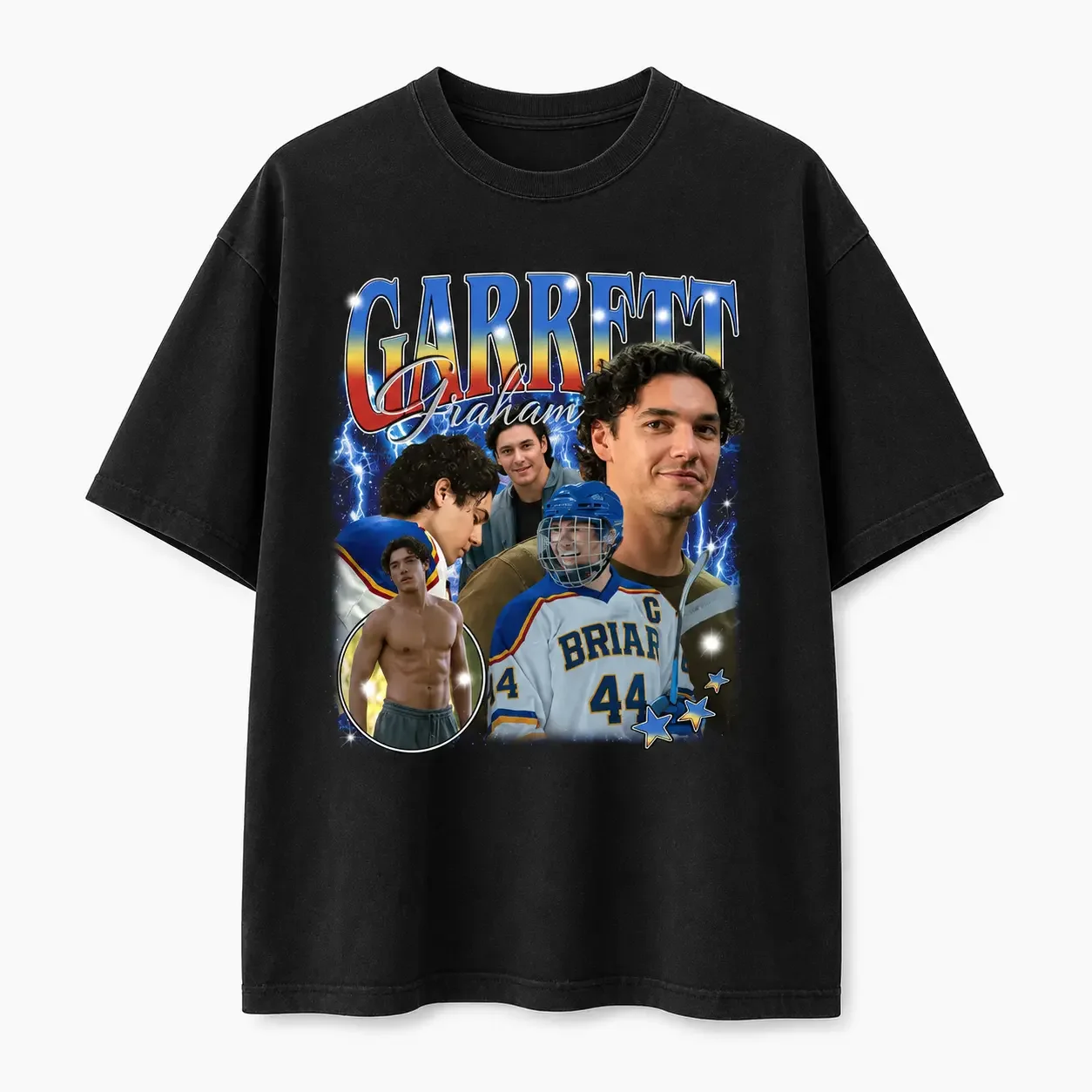 Ice Hockey Character 90s Vintage Bootleg Graphic T-Shirt, Retro Lightning Star Collage Black Washed Streetwear Short Sleeve Tee