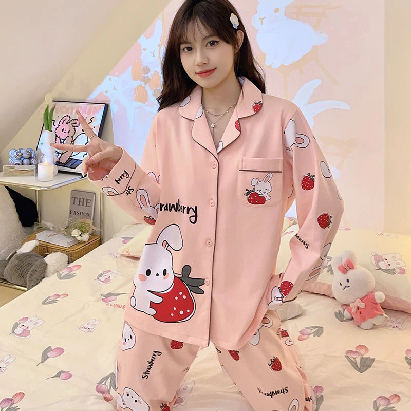 Pigiama da donna manica lunga primavera autunno Large Size 100.00kg indossabile Homewear Suit femminile dolce Cartoon Casual Sleepwear Set