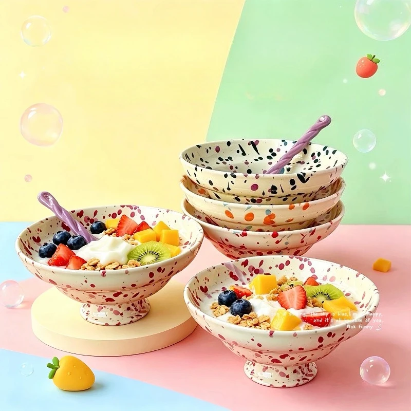 Splatter Dot Pedestal Ceramic Dessert Bowl Creative Irregular Yogurt Fruit Bowl, Aesthetic Home Ice Cream Oatmeal Breakfast Bowl