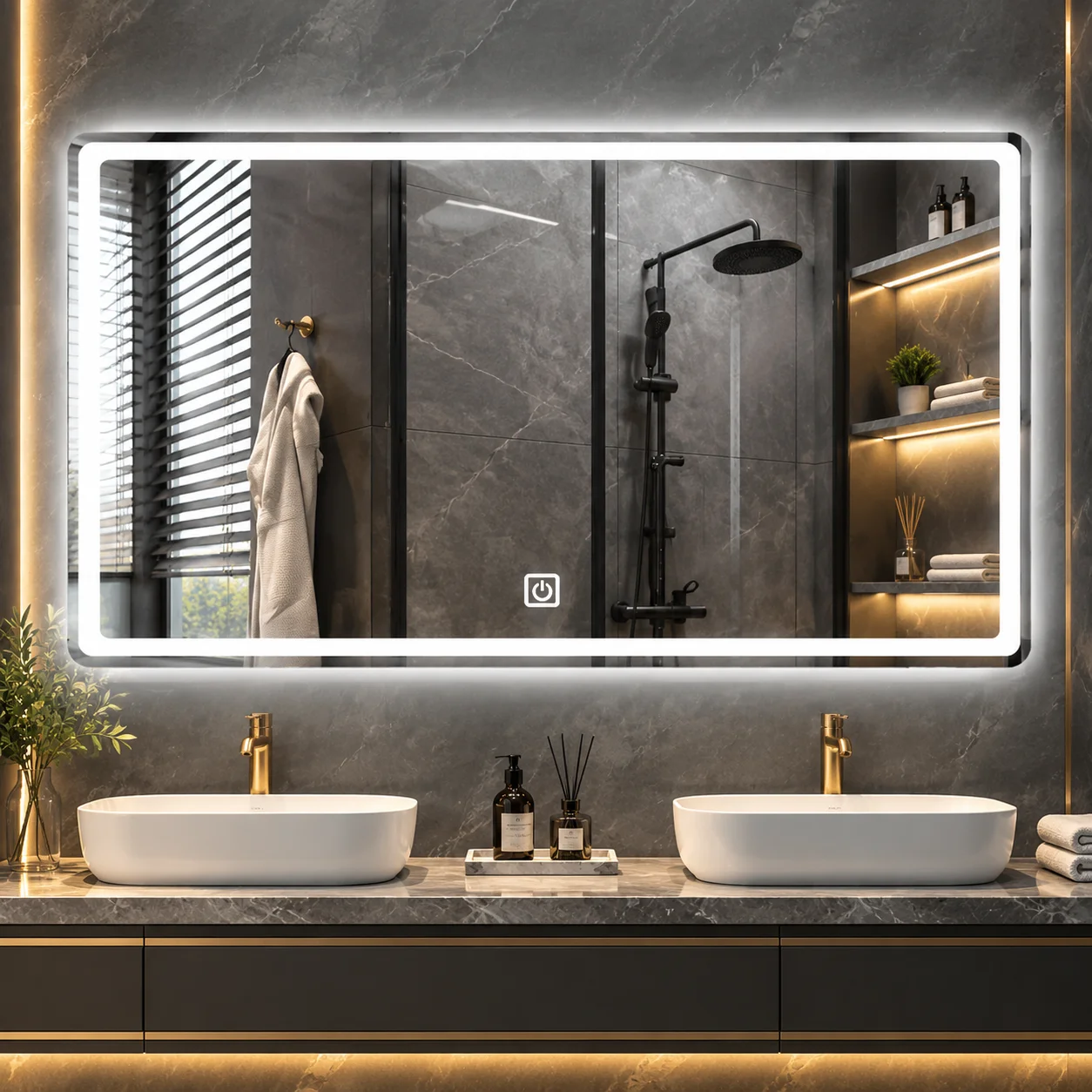 Rectangular Bathroom Mirror with LED Lights 50x70cm Smart Dimmable Backlit Vanity Mirror Wall Mounted Makeup Mirror