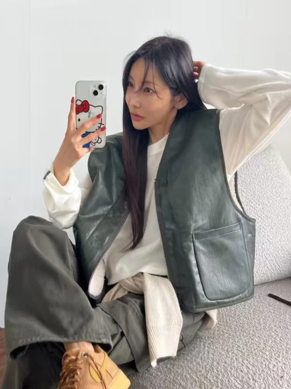 

Двусторонний жилет из меха ягненка, свободный универсальный открытый кардиган, верхняя одежда, женский корейский жилет небольшого размера, возрастной жилет