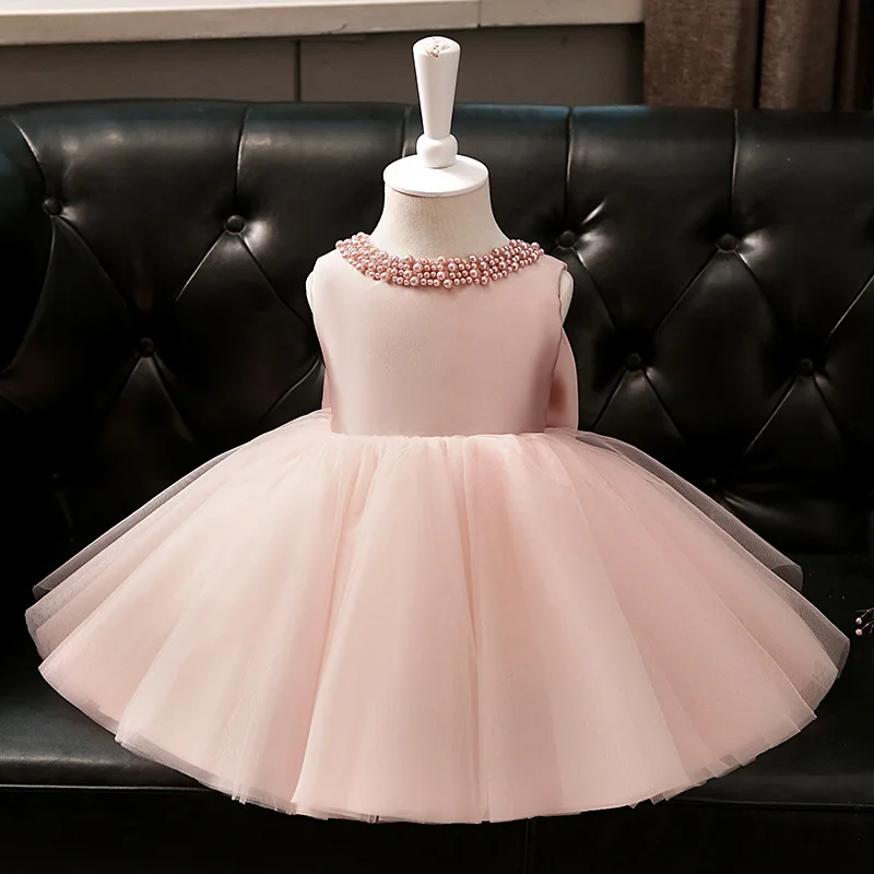 

Infant Baby Girls Baptism Dresses for 1st Birthday Party Clothing Beading Pink Tulle Children Princess Christening Ball Gown