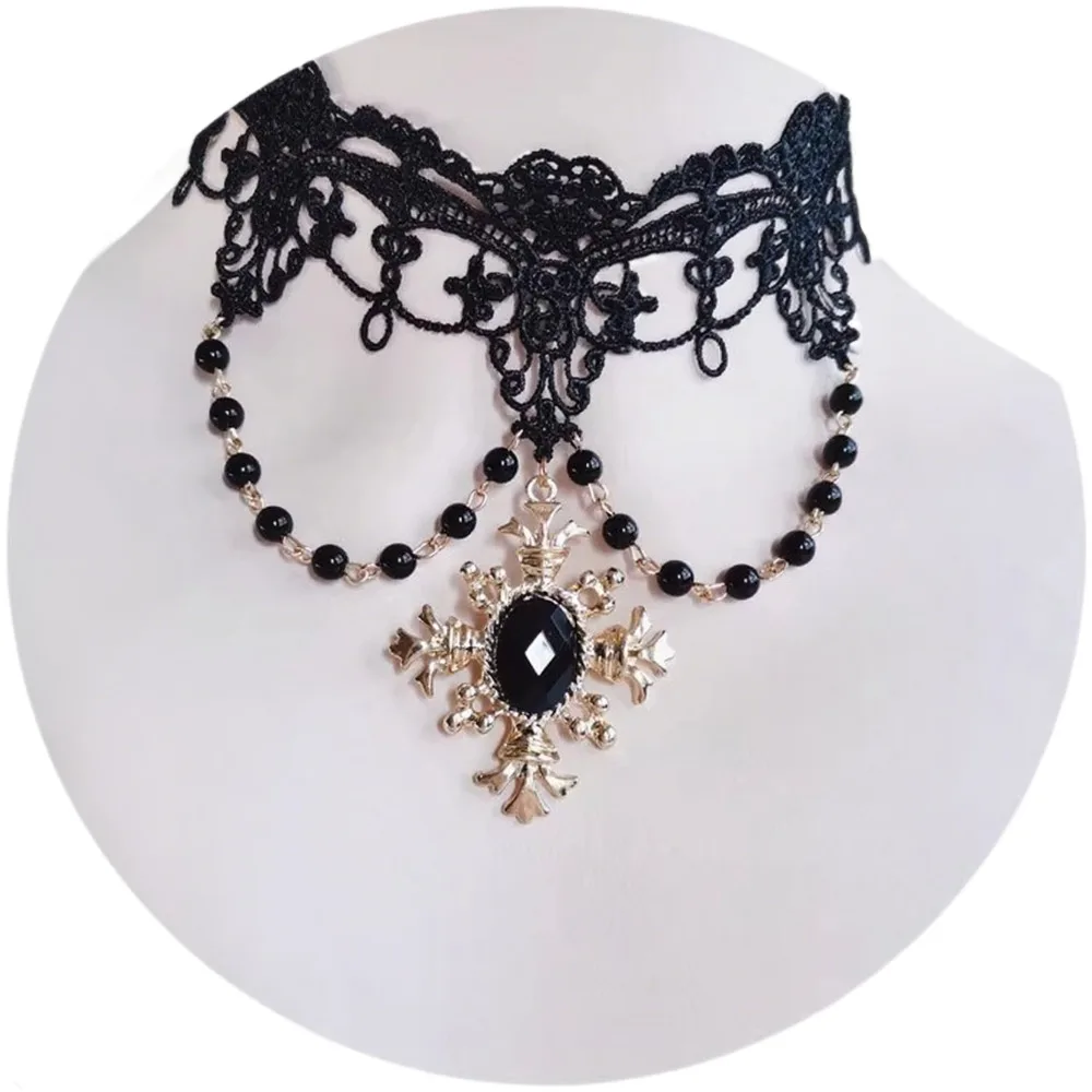 Collar gótico Lolita KC serie Diablo Notre Dame Apollo Sun Punk Rosa perla encaje collar de cadena de clavícula para Halloween