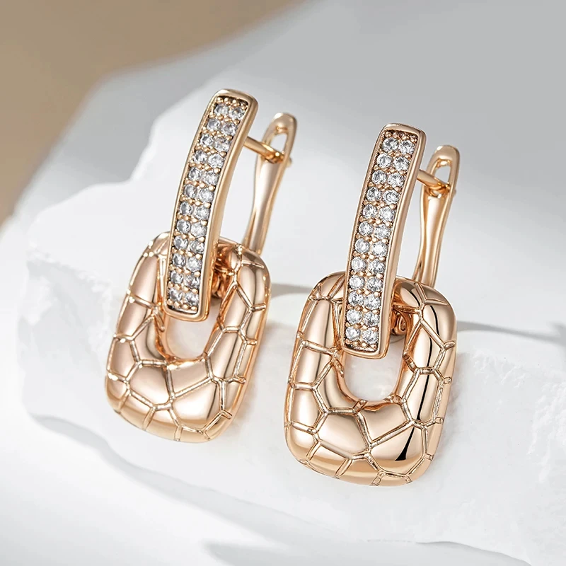Wbmqda Fashion Hollow Square Women\'s Hanging Earrings 585 Rose Gold Color With Natural Zircon Wedding Party Luxury Dubai Jewelry