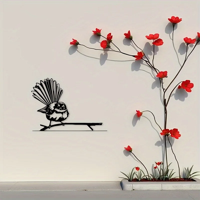 CIFBUY, arte mural de aluminio con recortes planos en 2D, silueta de una rama con un ave de cola larga, adorno metálico para colgar en la pared, decoración de pared para el hogar con motivos naturales.