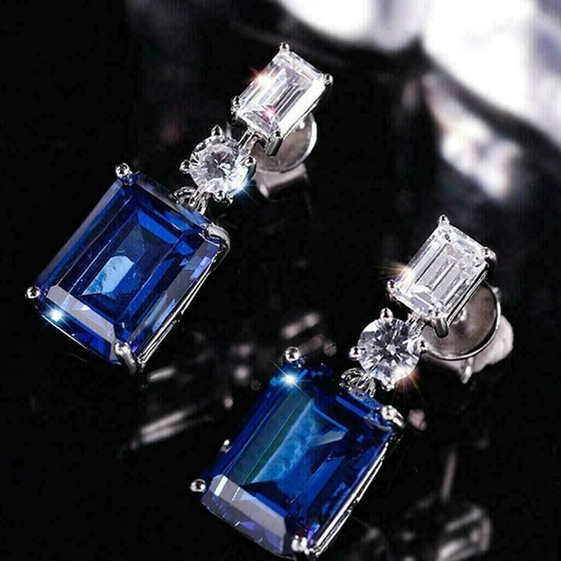 Huitan Trendy Geometrische Blaue Zirkonia Tropfen Ohrringe für Frauen Silber Farbe Modische Weibliche Ohr Zubehör Heißer Schmuck