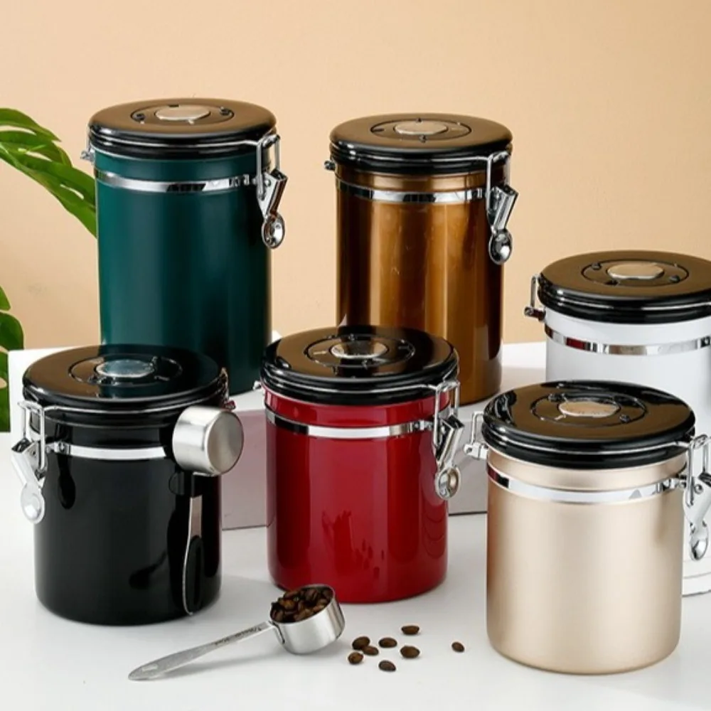 

Stainless Steel Coffee Bean Container Sealed Thickened Food Storage Pots Mothproof with Vent Valve Damp Proof Storage Box Home