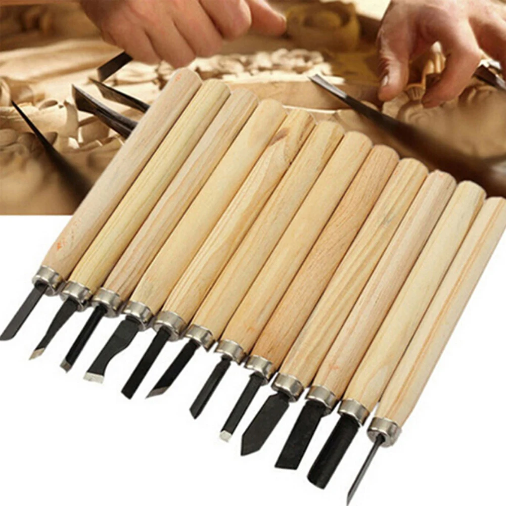 12pcs Wood Carving Knife Chisel Kit Pine Wood Manganese Steel Carving Knife Woodworking Chisel Cutter Hand Tool Seal Engraving