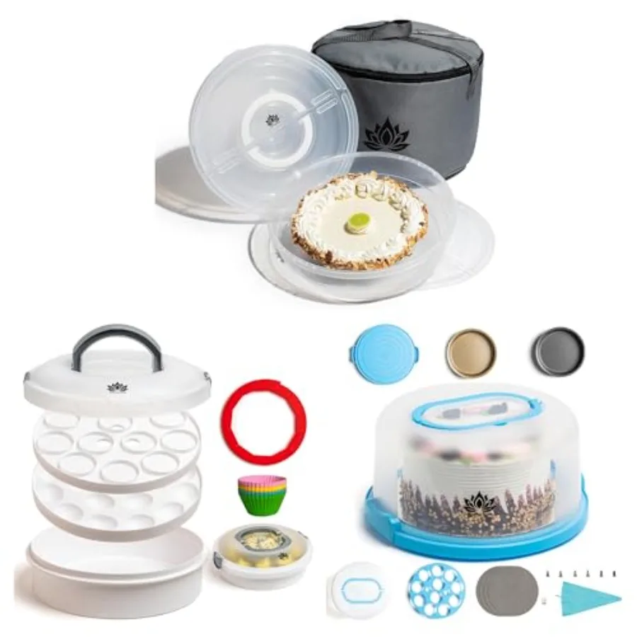

3Piece Dessert Carrier Set Insulated Pie Carrier Cake Holder with Handle and Cupcake Container with Lid Convenient and Versatil